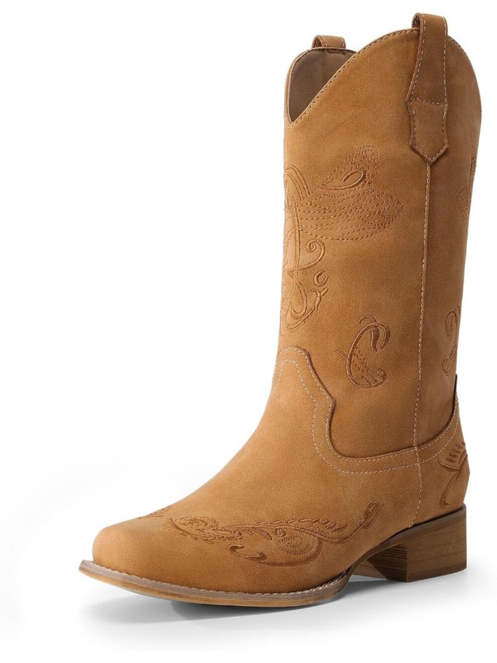 Women’s Tan Mid Calf Cowboy Boots Embroidered Stitched Square Toe Western Boots